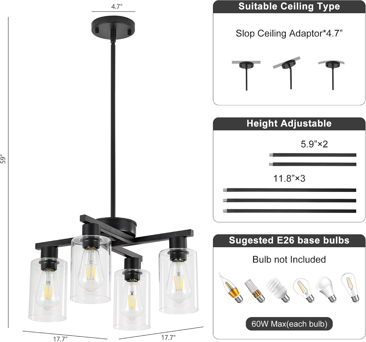 4-Light Black Farmhouse Chandelier, Adjustable Height Pendant Lighting