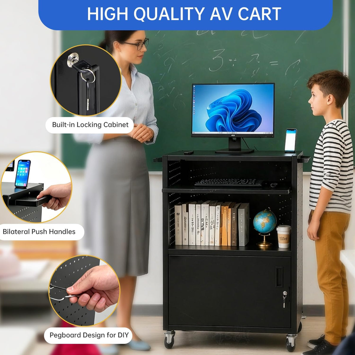 Upgraded AV Cart with Power Strip, Mobile Media Workstation with Pegboard &am...