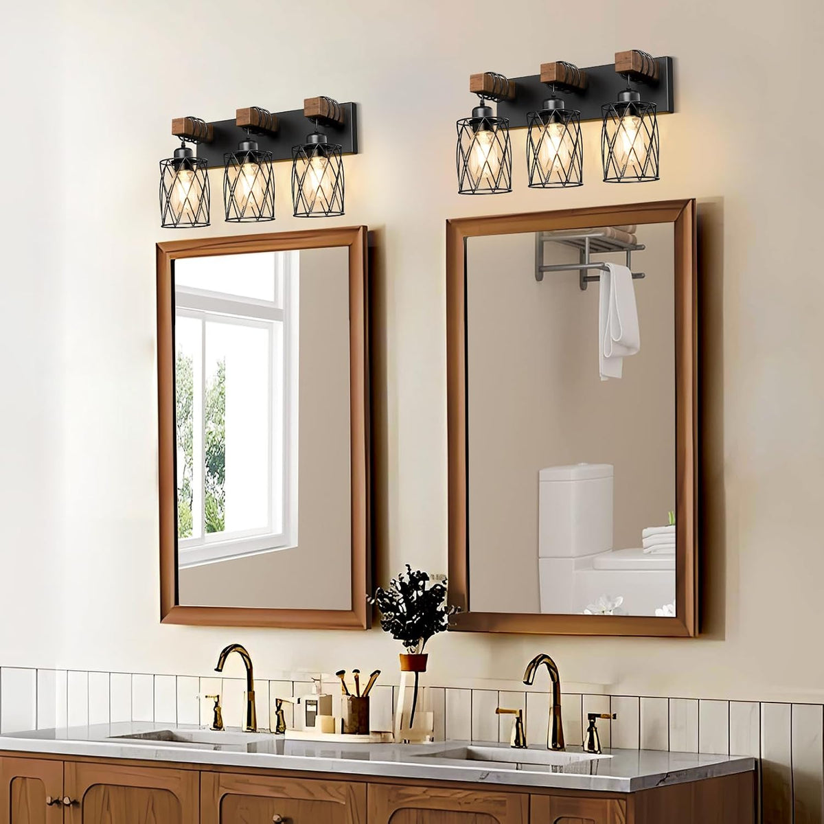 IZORRO Farmhouse Bathroom Vanity Light, 3-Light Wood Bathroom Light Fixtures ...