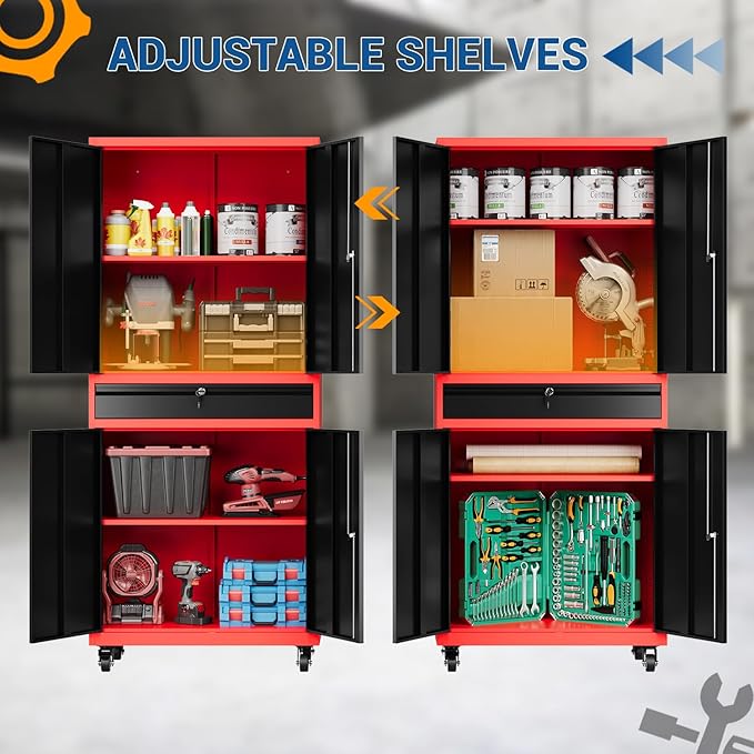 73" Metal Cabinet-Black & Red Heavy Duty Rolling Storage Cabinet Ste...