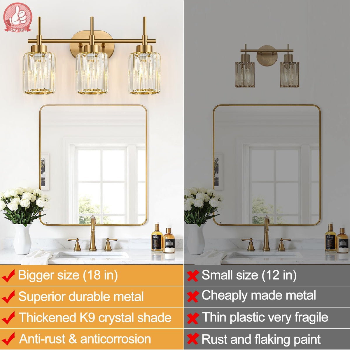 Modern Crystal Bathroom Vanity Light, 3-Light Brushed Gold Bathroom Light Fix...