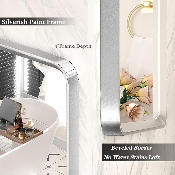55x40 Inch Silver Framed Mirror, Brushed Nickel, Rounded Rectangle Mirror
