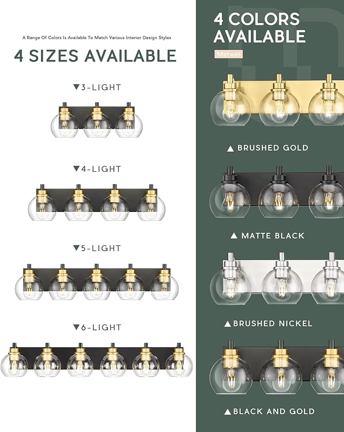 METWET Bathroom Light Fixtures, 6-Light Black and Gold Bathroom Vanity Light