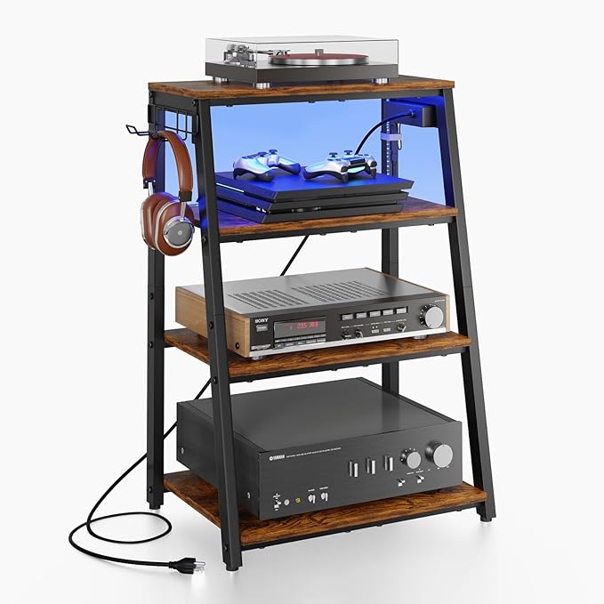 4-Tier AV Media Stand with Power Strips, Heavy Duty Stereo Cabinet Stand with