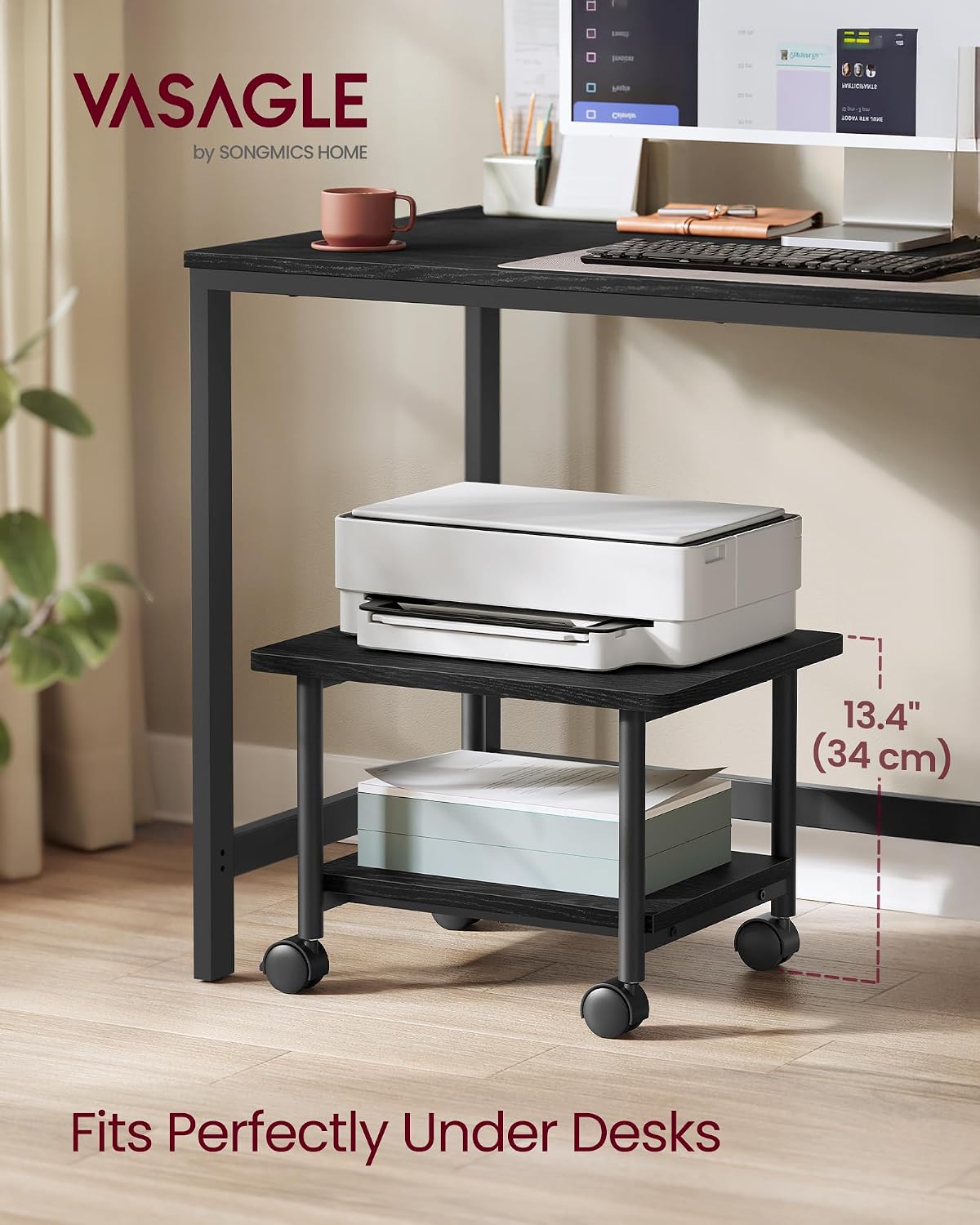 VASAGLE 2-Tier Printer Stand with Locking Wheels, Under Desk Printer Table