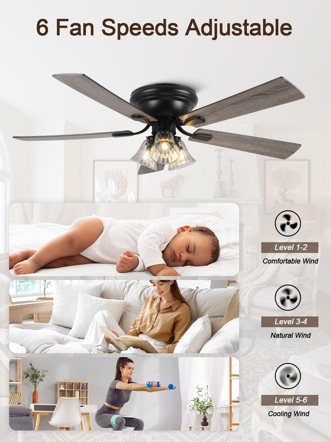 52 Inch Vintage Flush Mount Ceiling Fan with Lights and Remote