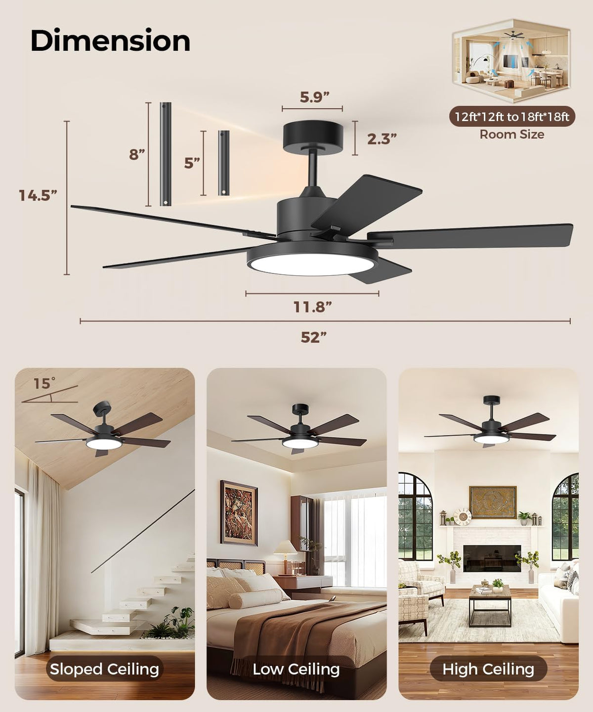 RGBCW Smart 52" 2600LM LED Ceiling Fan Light with Remote, Black