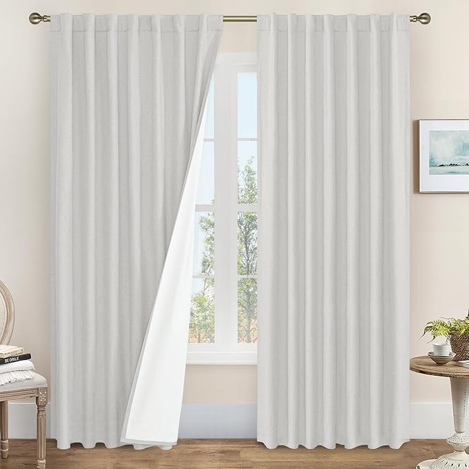 LAMIT 100% Blackout Linen Curtains 84 Inches Long, Linen Textured Living Room