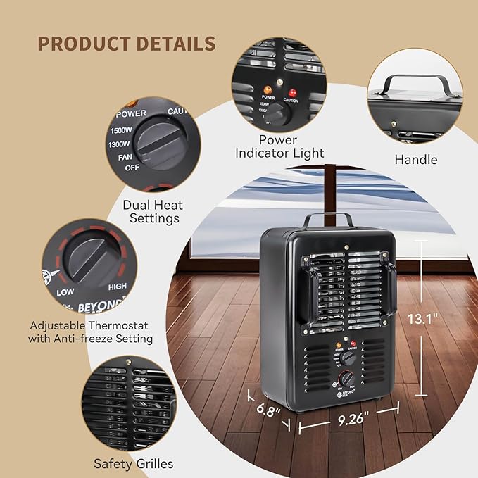Milkhouse Space Heater, 1300W/1500W Electric Heater (2 Packs)