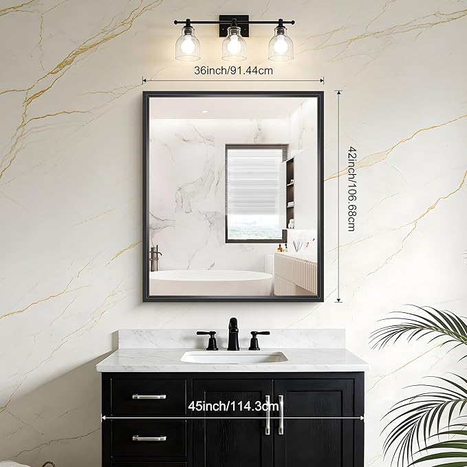 Bathroom Mirror, 42 x 36 Inch Brushed Black Rectangle Mirror, 0.6" Thick...
