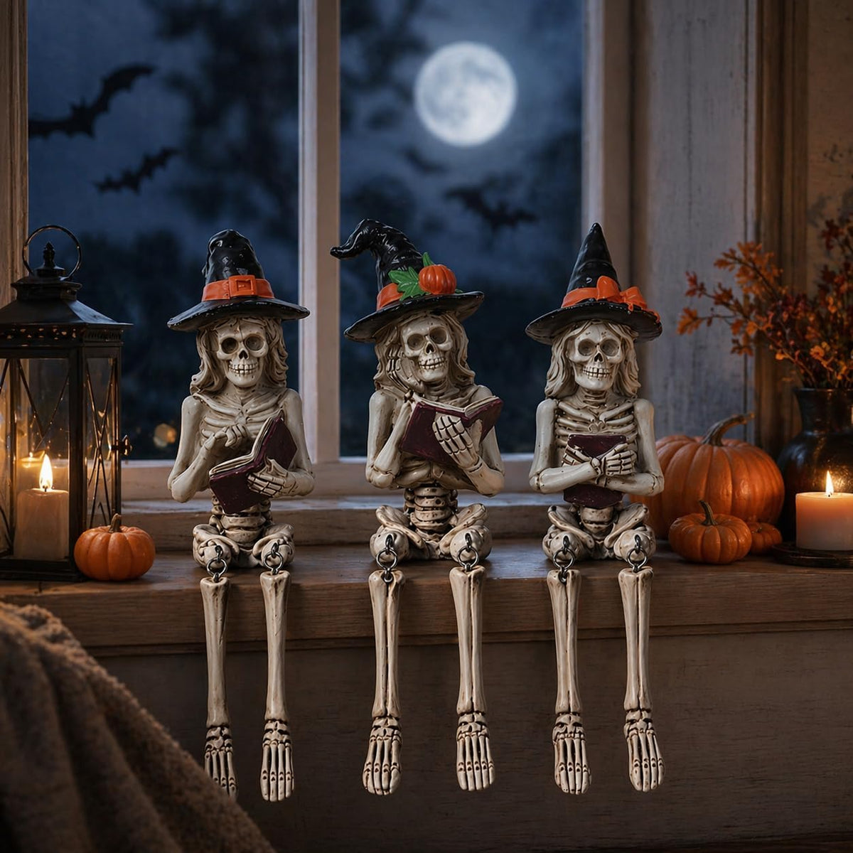 Dlfghos 3 Pieces Halloween Skeleton Statue Halloween Skull Figurine Home Deco...