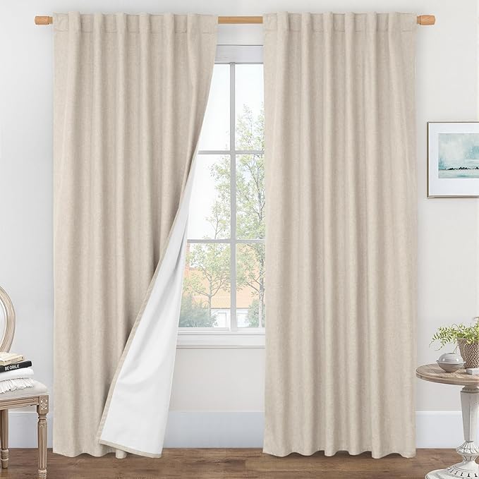 LAMIT Oatmeal 100% Blackout Linen Curtains, 84 Inch Linen Textured Living Room