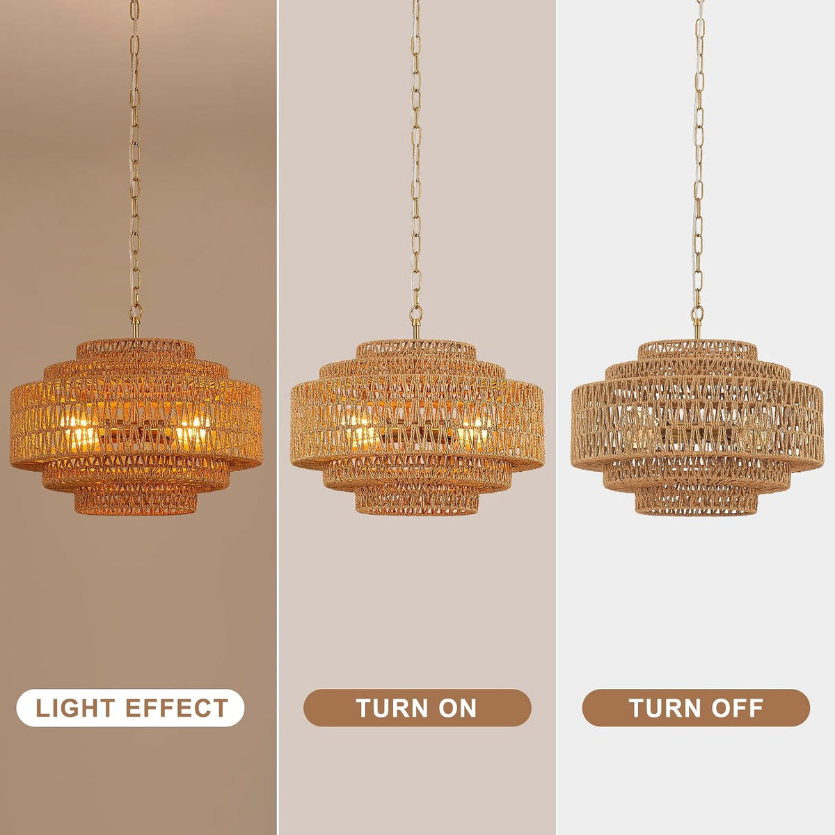 19.68" Gold Rattan Chandelier, 5-Tier Handwoven Wicker Fixture