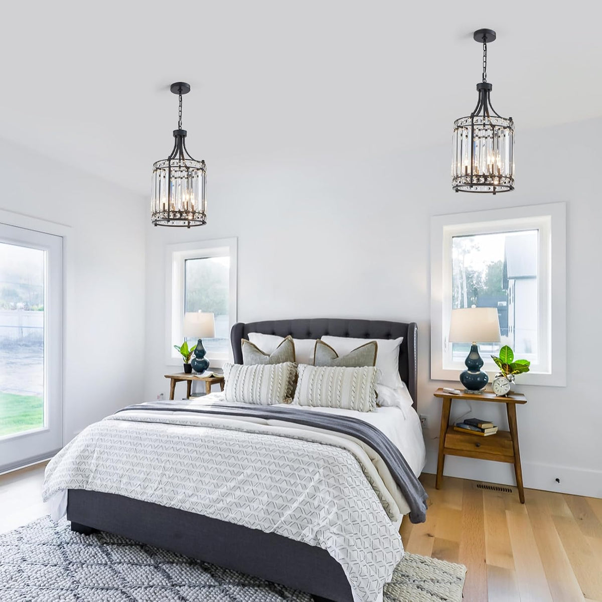 Lantern Crystal Chandeliers for Dining Room, Black 4 Light Farmhouse Geometri...