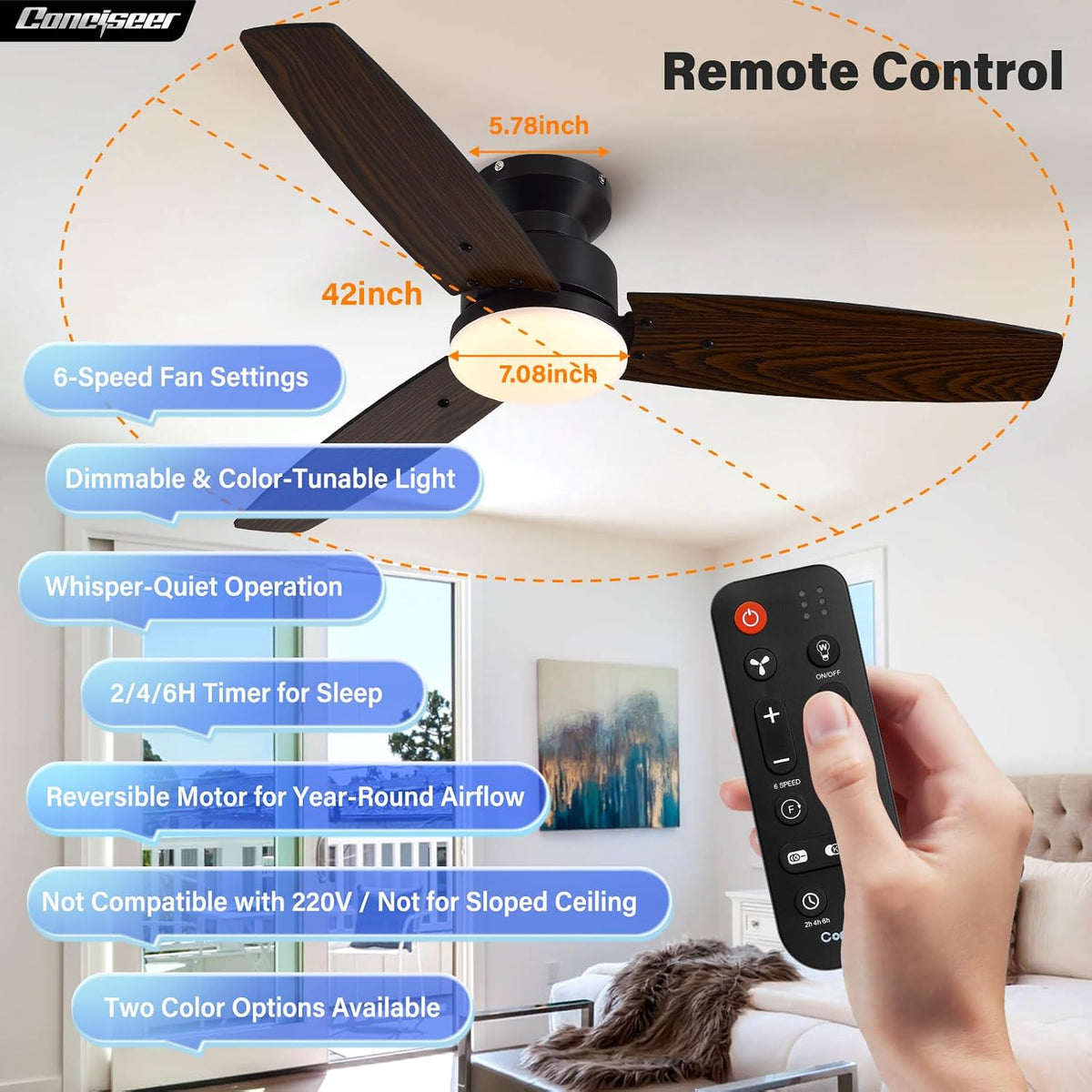 Conciseer 42 Inch Ceiling Fans with Lights and Remote, Flush Mount, Black