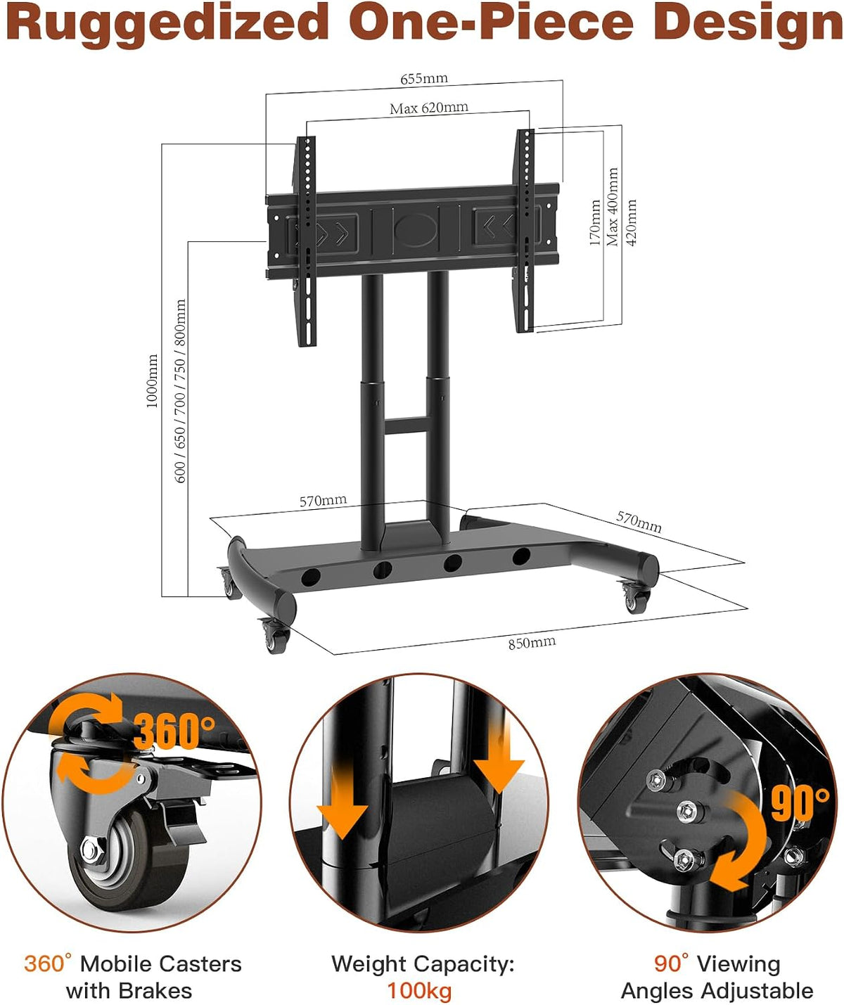 Rolling TV Stand, Portable Mobile Floor Confidence Monitor Stand on Wheels