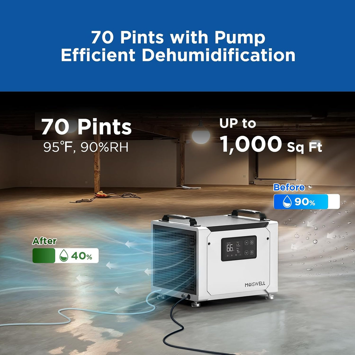 70 Pints Commercial Dehumidifier with Pump for Crawlspace Basement