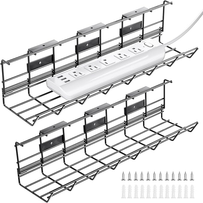 2 Pack DELAMU Under Desk Cable Management Tray, Metal Cord Cable Organizer