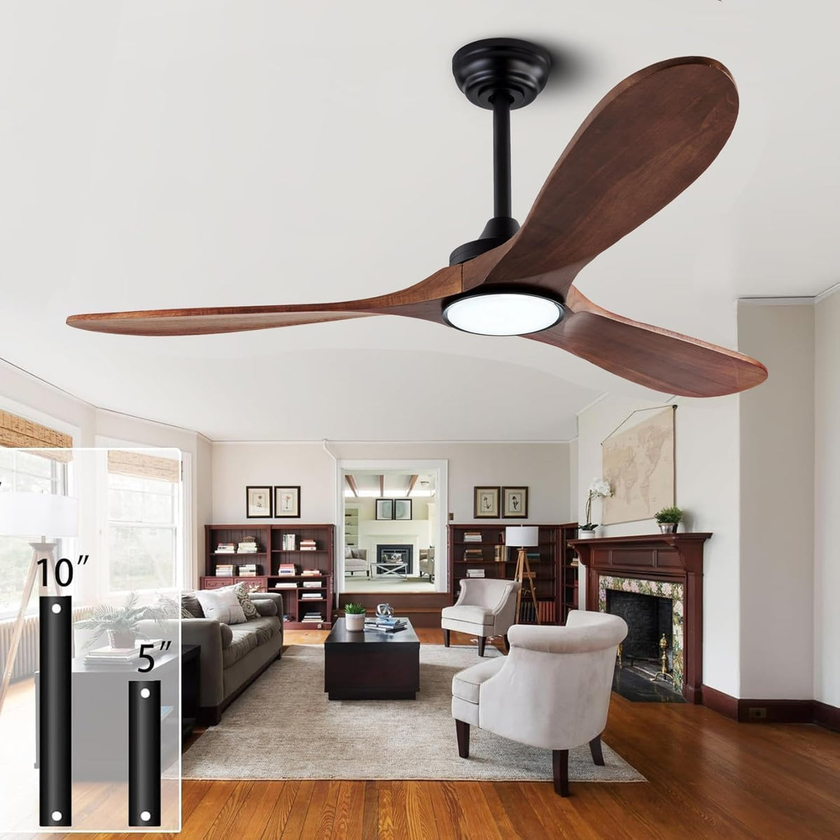 QUTWOB New Ceiling Fan With Light (Black+Dark Walnut, 52 inch, With Light)