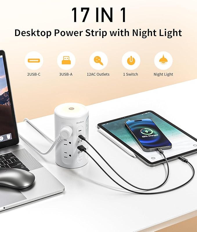 AnnTane Power Strip Tower with Night Light, 15W Surge Protector Power Strip