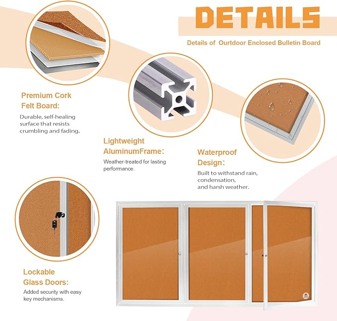 Lockable Outdoor Enclosed Bulletin Board, Weatherproof Cork Noticeboard