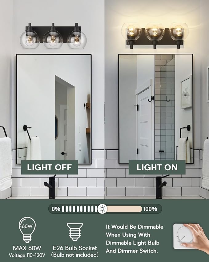 METWET Bathroom Light Fixtures, 3-Light Matte Black Vanity Light, Modern Wall