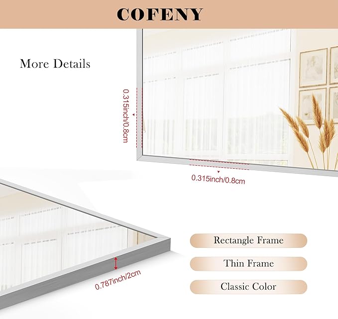 30x40In Silver Bathroom Mirror for Wall, Brushed Nickel Rectangle Mirrors