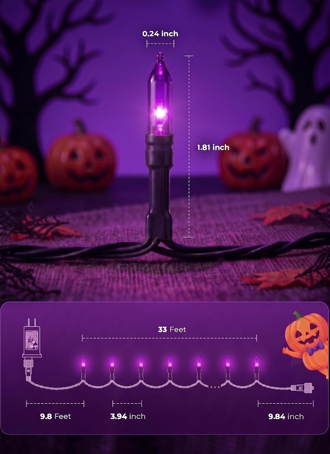 2Pack Orange & Purple Outdoor Halloween Lights,39Ft 100LED Christmas Lights