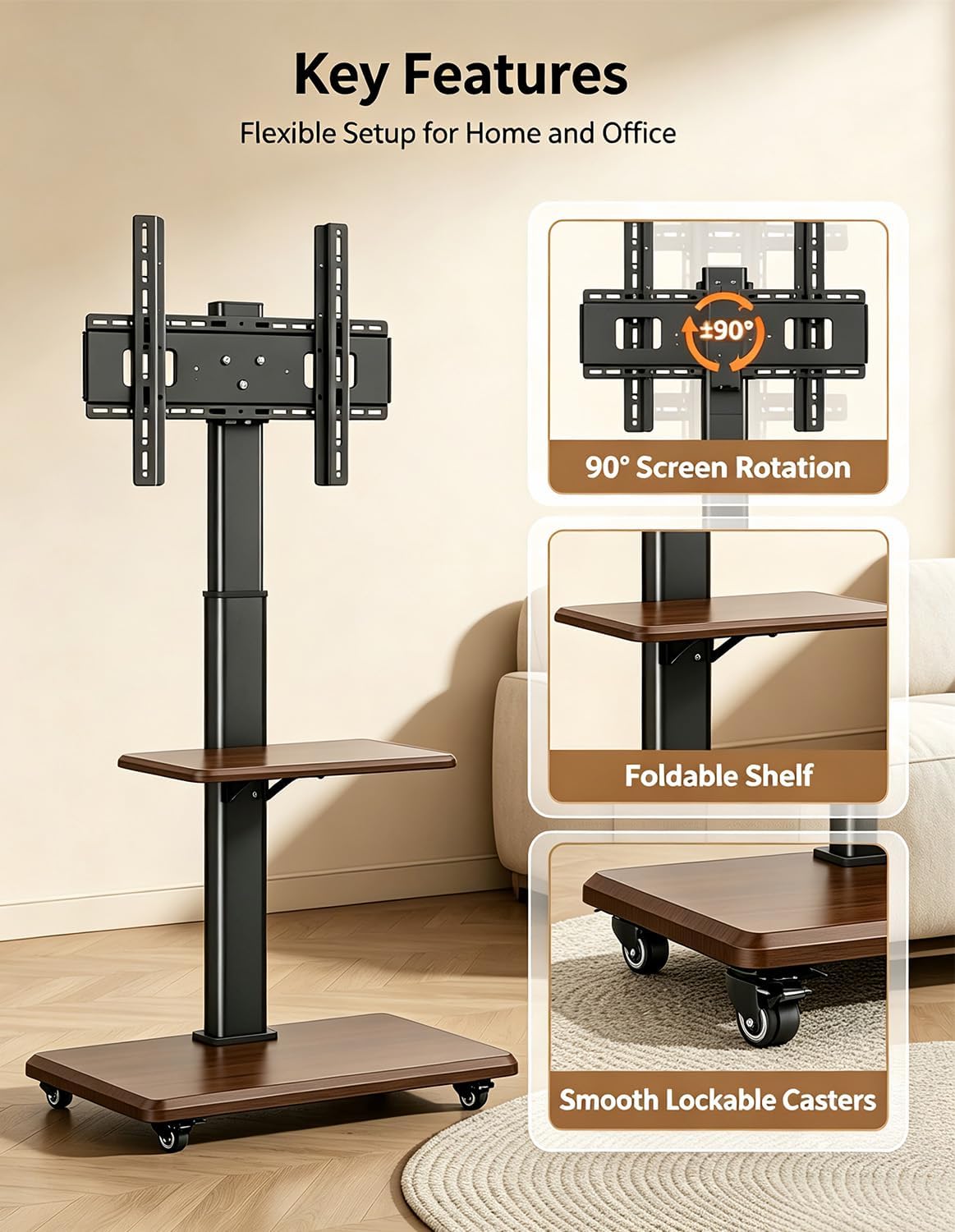 Rolling TV Stand for 32-75 Inch TVs up to 110 lbs