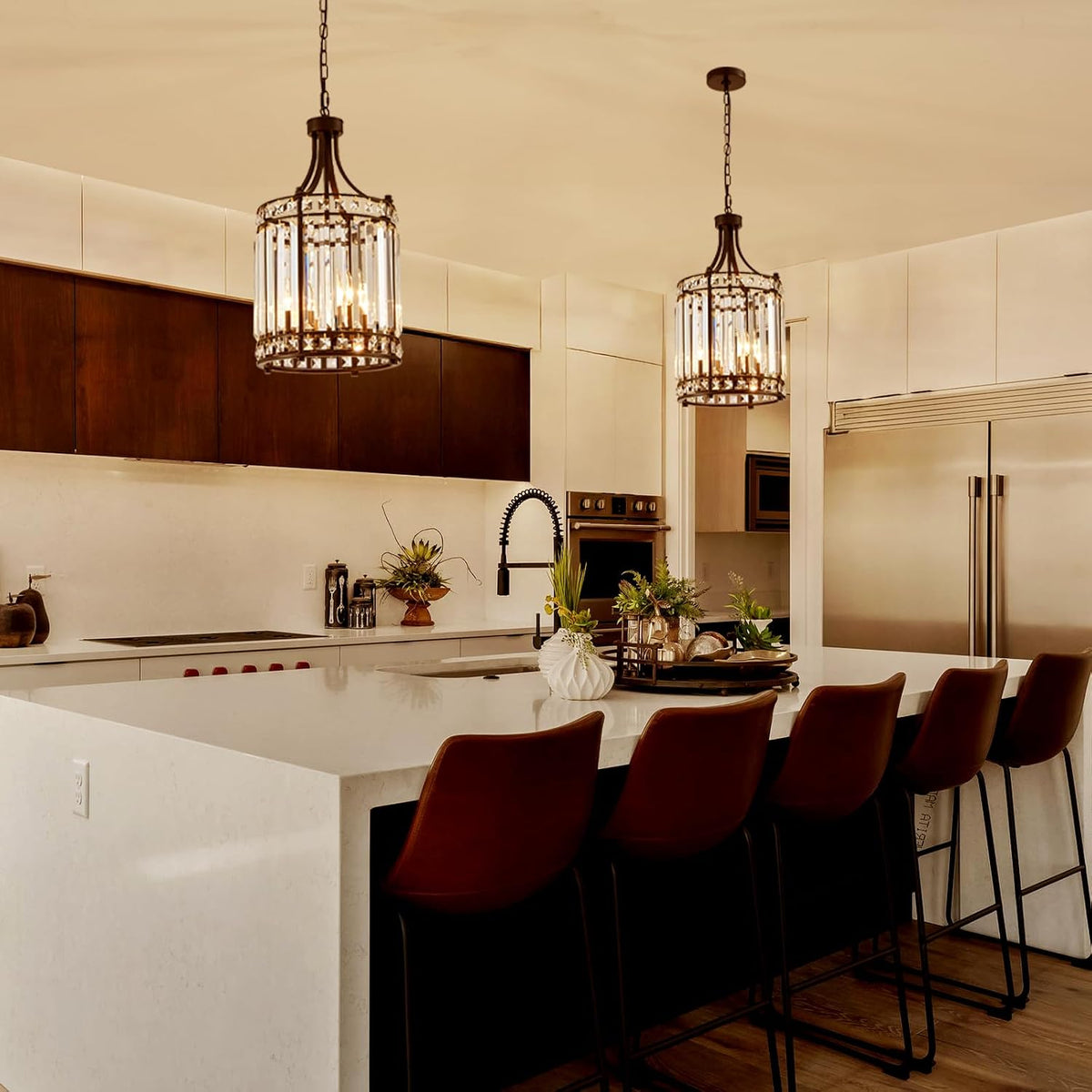 Lantern Crystal Chandeliers for Dining Room, Black 4 Light Farmhouse Geometri...