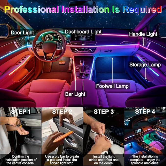 Acrylic Interior Car Ambient Lighting, Interior RGB LED Strip Kit