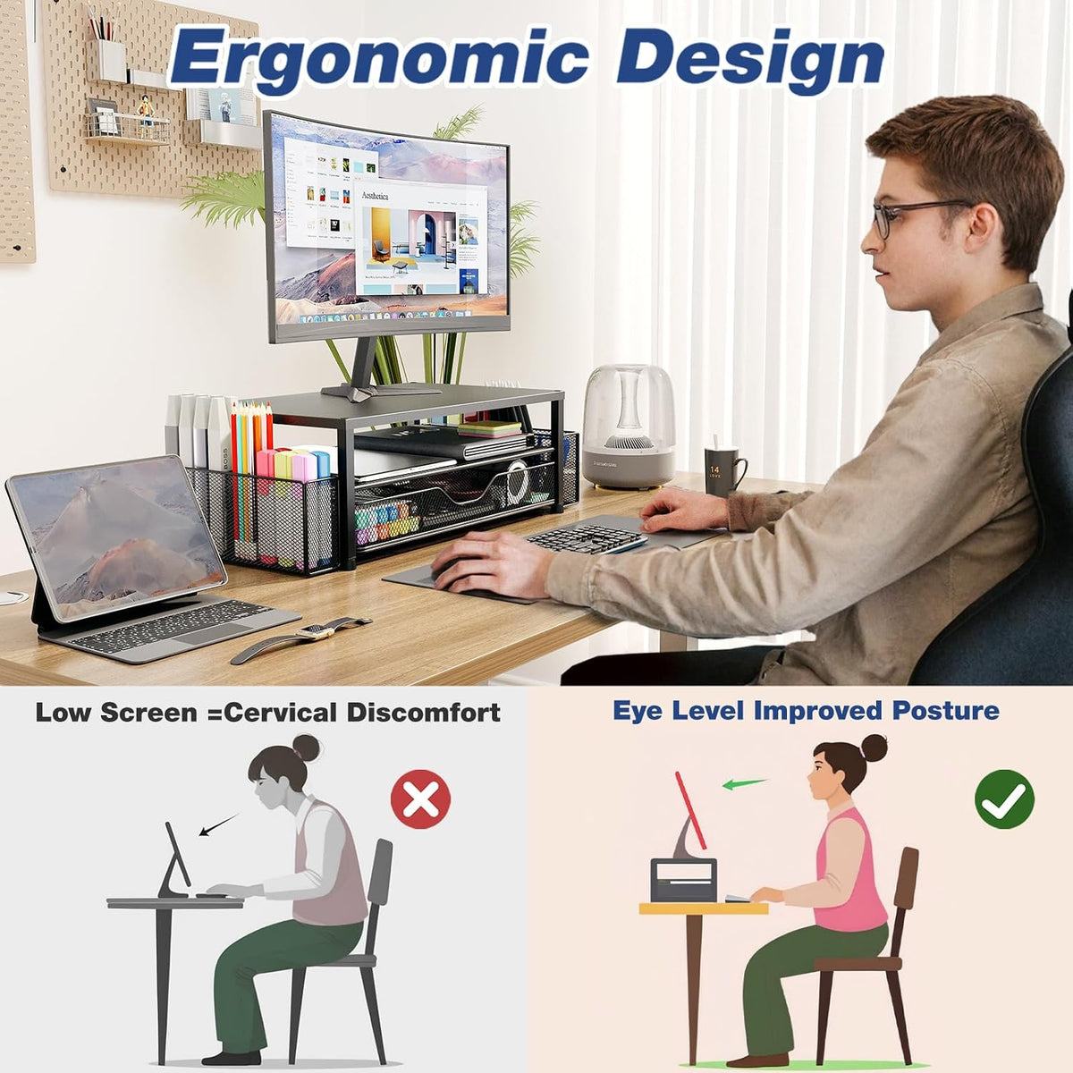 OPNICE Desk Organizer and Accessories, 2-Tier Computer Monitor Stand Riser wi...
