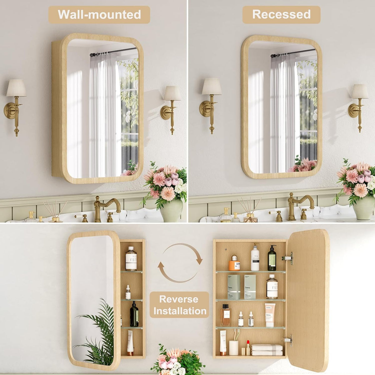 16x24 Inch Wood Medicine Cabinet with Mirror for Bathroom, Oak