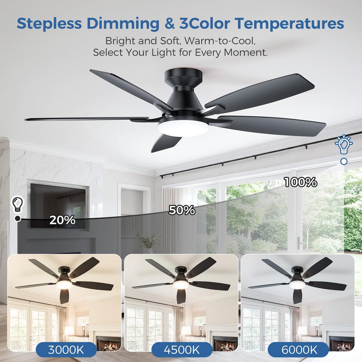 52 Inch Ceiling Fans with Lights, App & Remote Control, Quiet Reversible ...