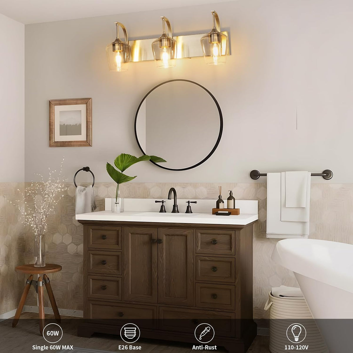 foucasal Brushed Nickel 3-Light Vanity Light Fixture Over Mirror