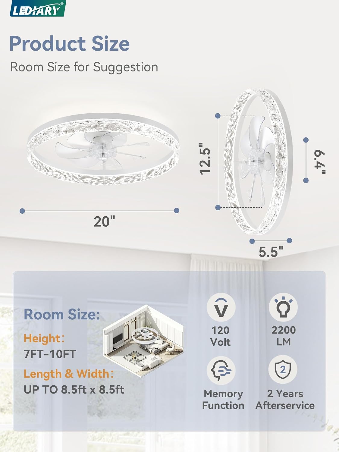 LEDIARY 20" Modern Ceiling Fans with Lights and Remote, White Fandelier