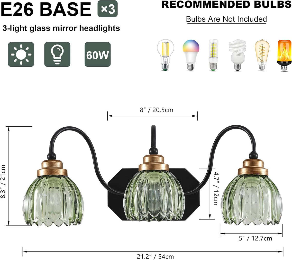 Vintage Gold Bathroom Light Fixtures,3 Light Green Tulip Crystal