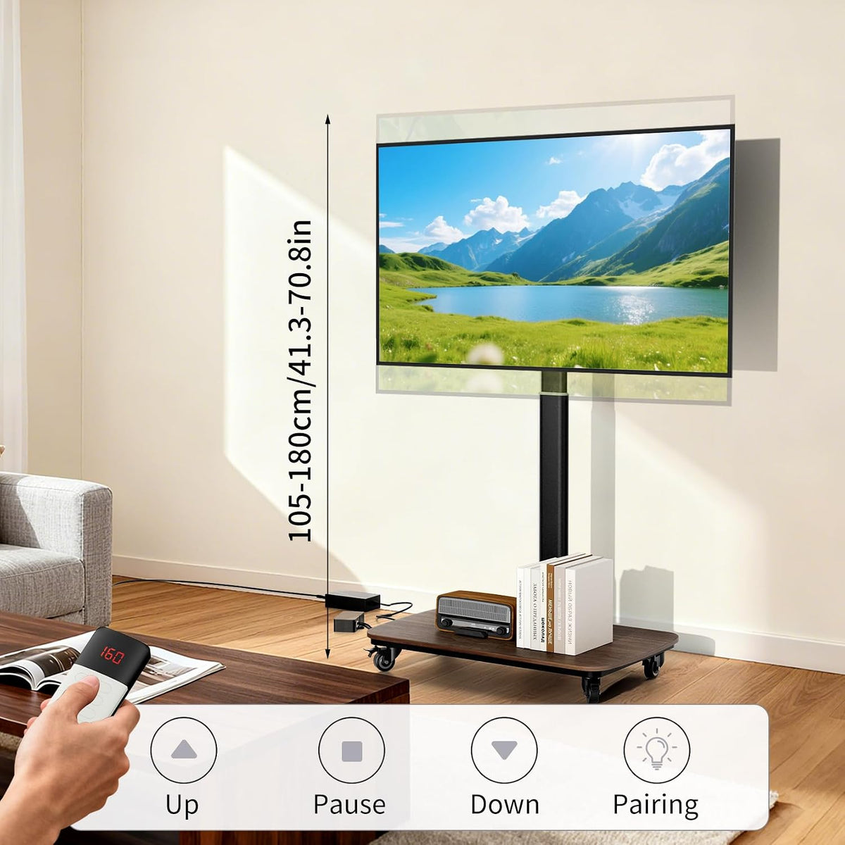 unho Motorized Floor TV Stand Electric Lift AV Cart Rolling with Mount