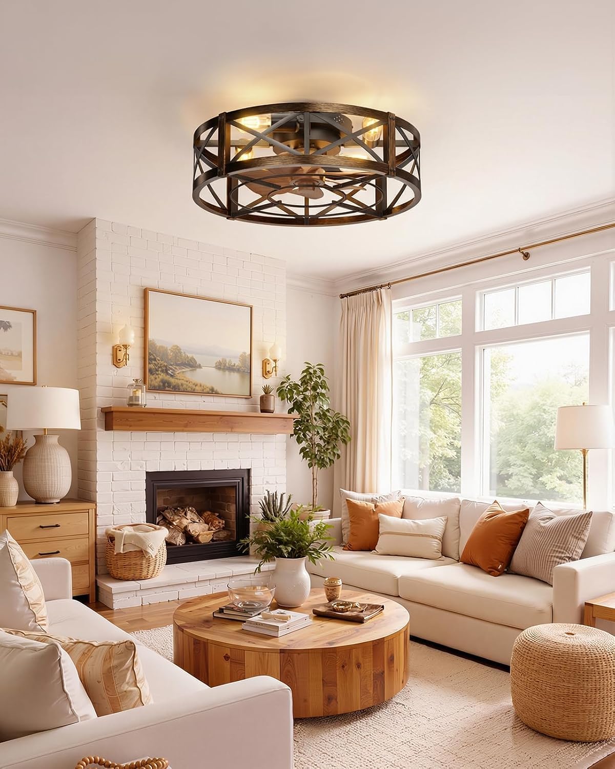 OJX 20" Low Profile Flush Mount Caged Ceiling Fan with Light and Remote