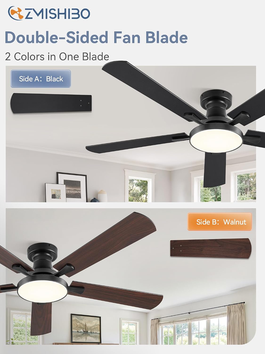ZMISHIBO 52 Inch Flush Mount Ceiling Fan with Light, Remote&APP, Black
