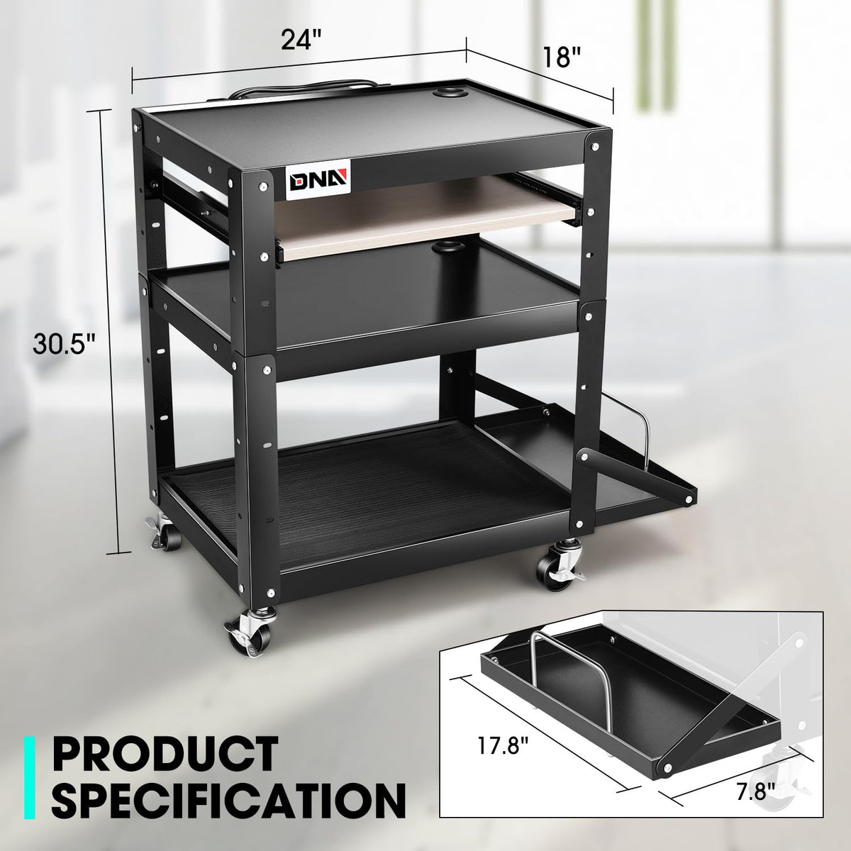DNA Motoring Steel AV Cart 3-Layer Rolling Projector Utility Cart, 24" X...