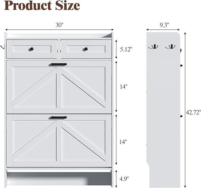 Shoe Cabinet with 2 Flip Drawers & 2 Storage Drawers, Rustic Farmhouse Na...