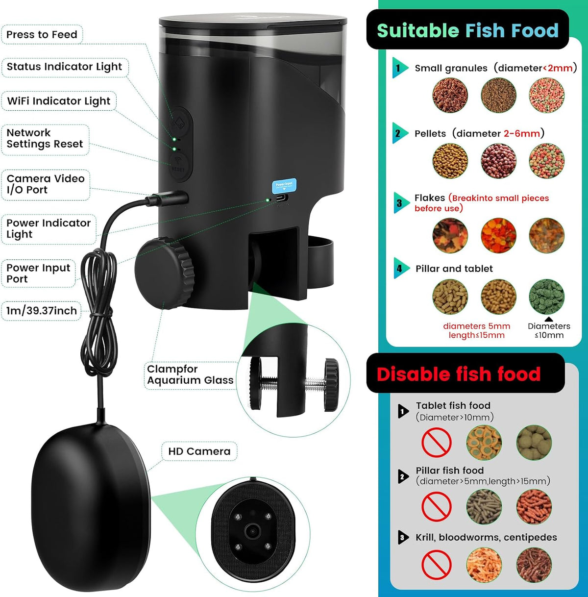 fishkeeper Automatic Fish Feeder for Aquarium Flakes, WiFi (2.4G/5.0G)