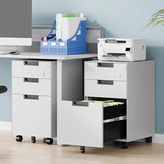 3 Drawer File Cabinet with Lock, Fully Assembled Metal Mobile Filing Cabinets
