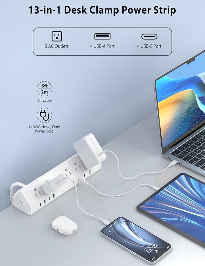 Jgstkcity Desk Clamp Power Strip, 45W Fast Charging Station, 4 USB-C, 4 USB-A