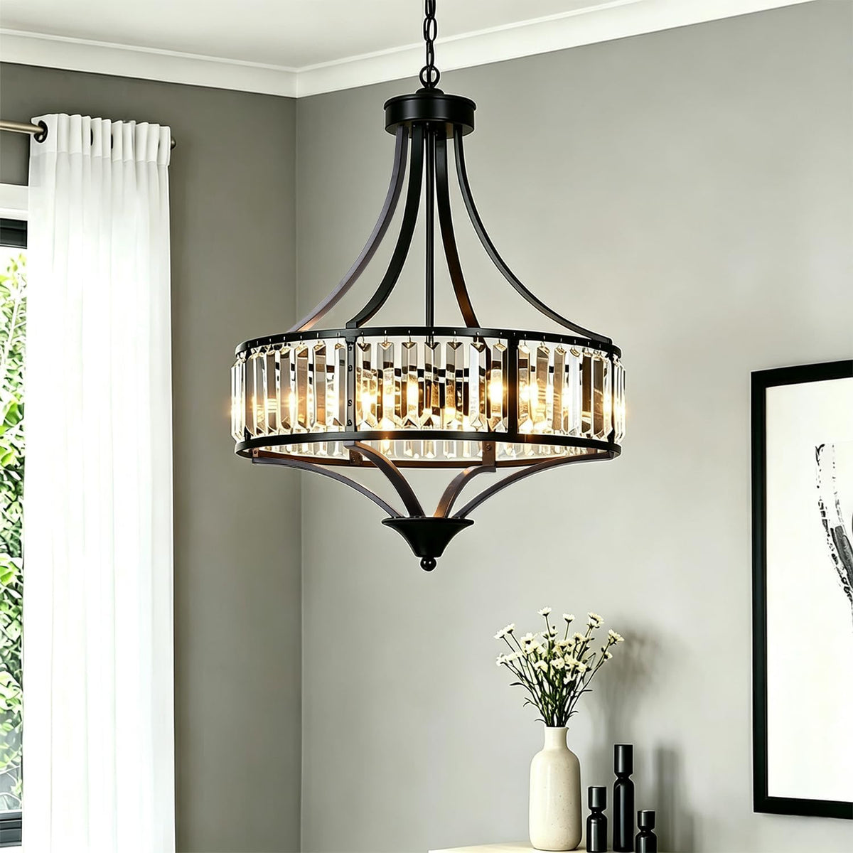 5-Light Black Crystal Chandelier, Modern Farmhouse Dining Room Light Fixture ...