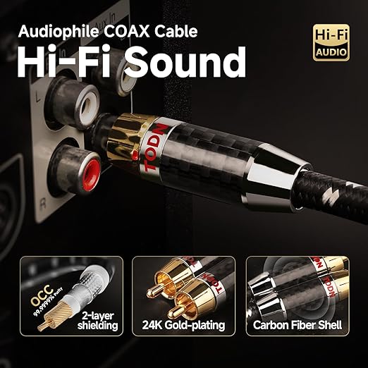 TODN 75-Ohm Coaxial Digital Audio Cable Audiophile 24K Gold-Plated RCA Male
