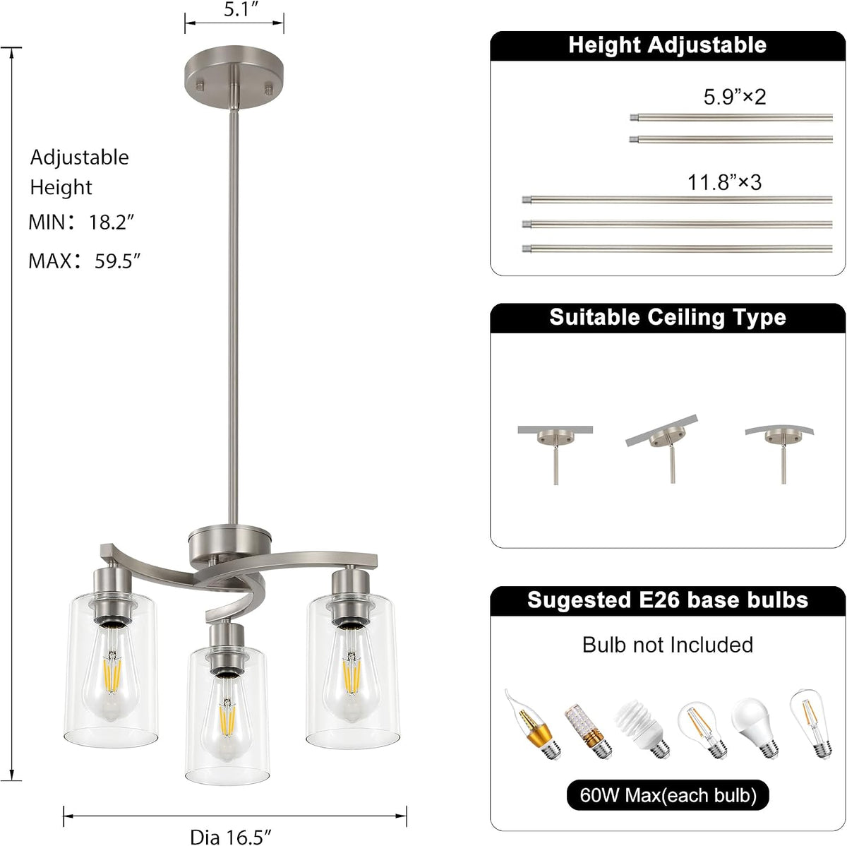 3 Light Brushed Nickel Dining Room Light Fixture,Modern Kitchen Chandeliers O...