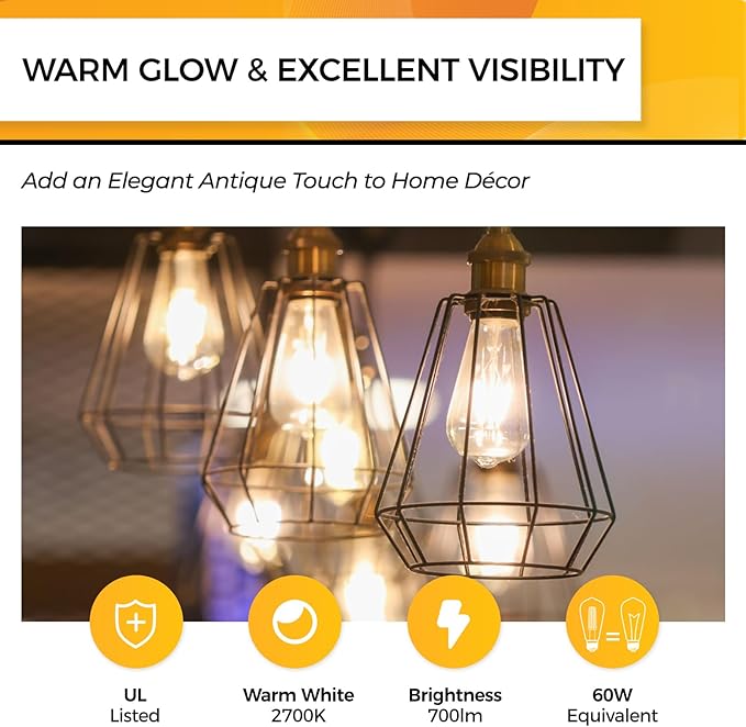 Hizashi Vintage Edison Bulb Dimmable, 6W Equivalent 60W, E26 Base LED Light B...