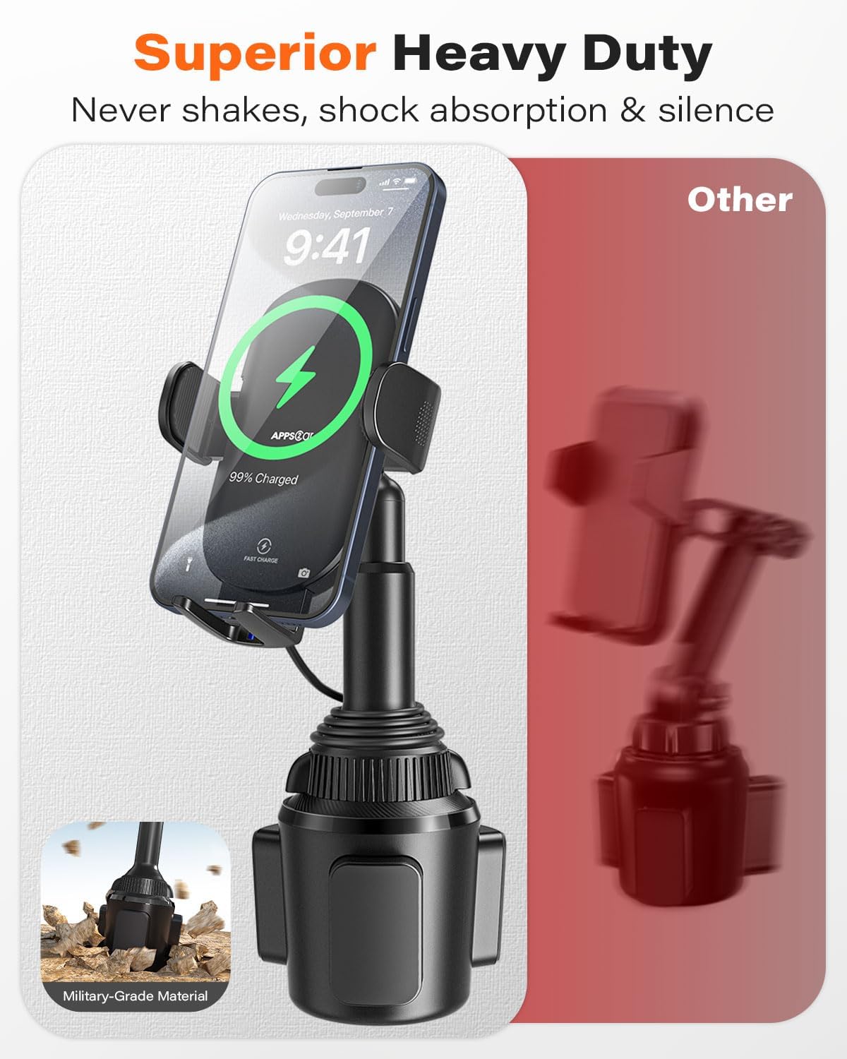 APPS2Car 15W Qi Wireless Car Charger Solid Cup Holder Mount, Adjustable Long ...
